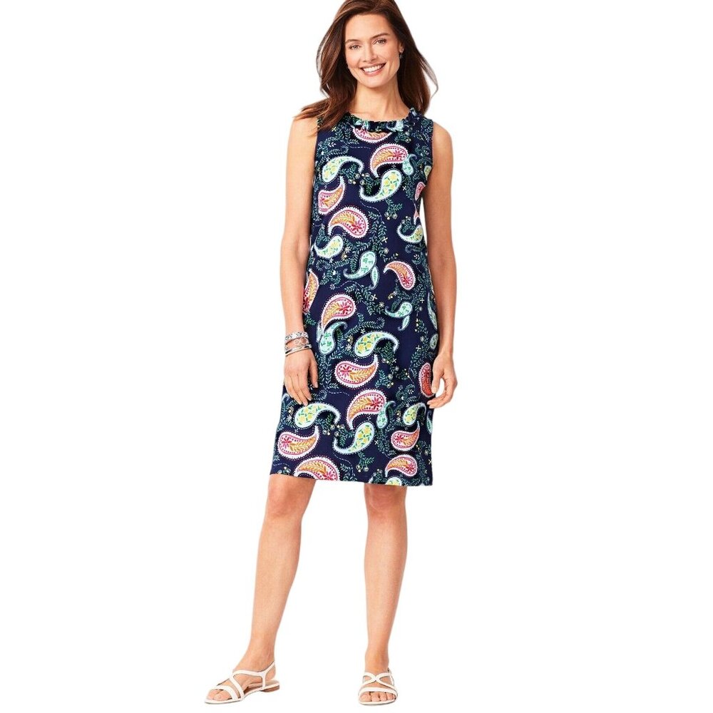 Talbots Dress Womens Size S Blue Floral Paisley Ruffle Neck Stretch Work Office